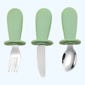 3-delige Rvs Lepel Vork Mes Set met Silicone Handvatten, Zachte Randen, Comfortabele Eetbestek voor Baby's